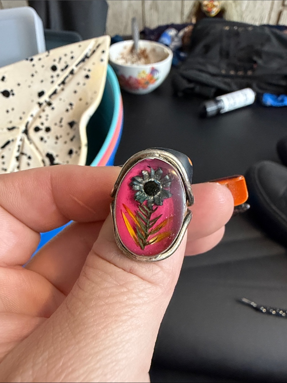 Handmade Pink Floral Resin Ring with Silver-Tone Setting